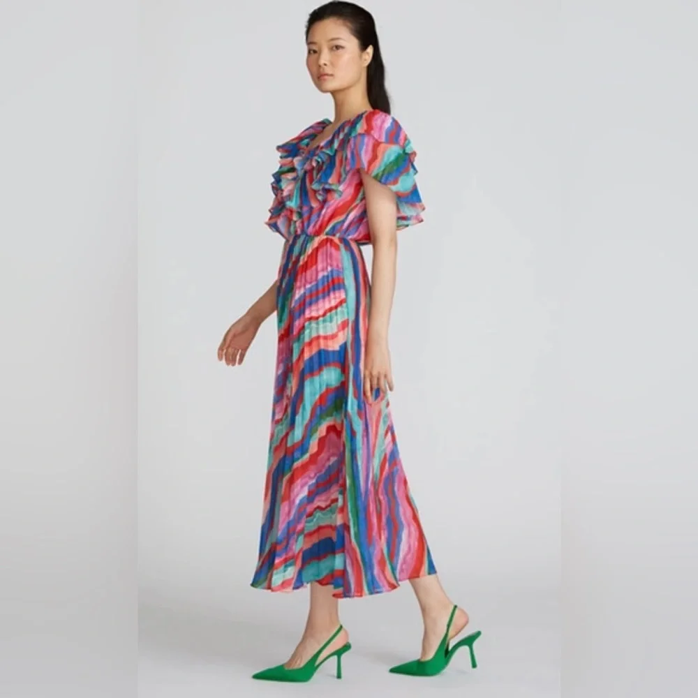 AMUR Luisa Pleated Striped Midi Dress size 2 - Picture 5 of 16